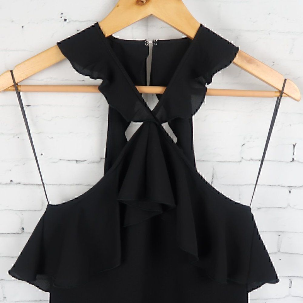 ZARA BLACK RUFFLE NECK SLEEVELESS BODYCON MIDI DRESS SIZE SMALL NWT - Picture 6 of 11